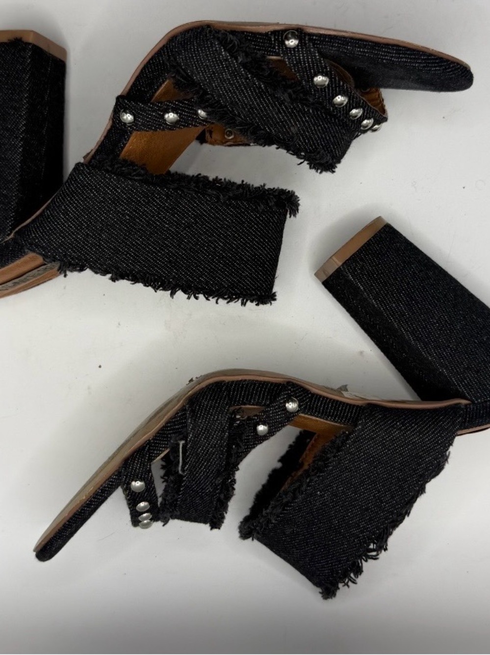 Cape Robin Lisa - 31 Black Denim Studded Frayed Heel Sandals - Size 6.5